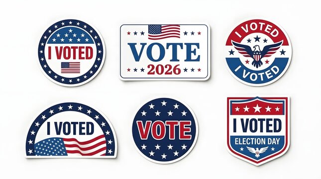 Collection of i voted and vote 2026 stickers isolated on white background