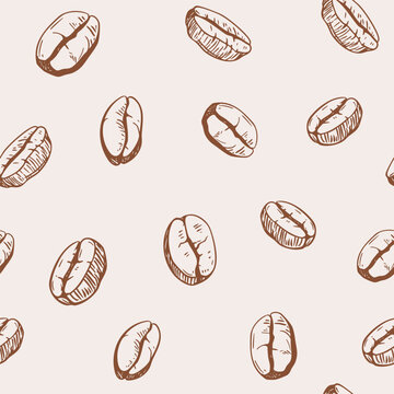 Coffee bean illustration, hand-drawn, realistic sketch seamless pattern