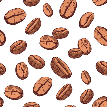 Coffee bean illustration, hand-drawn, realistic sketch seamless pattern