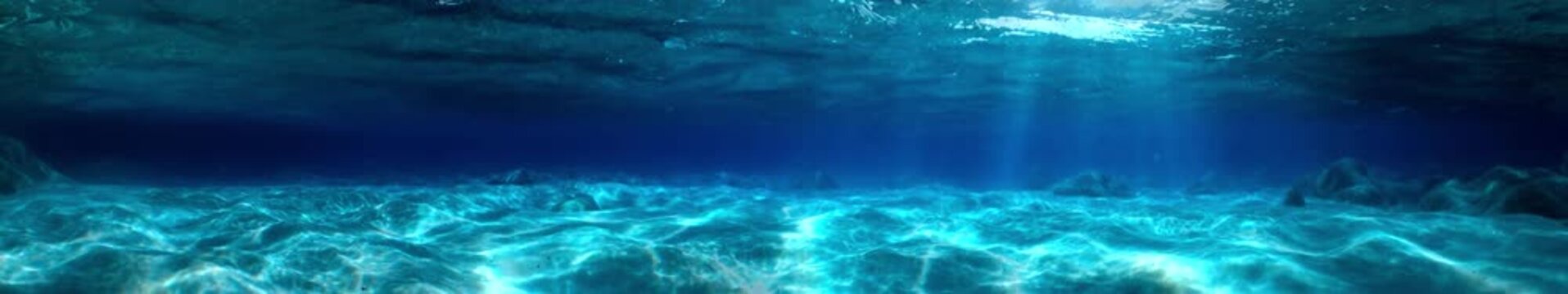 Clear Blue Underwater Seabed With Sunlight Caustics and Calm Ocean Surface, Panoramic Seamless Loop