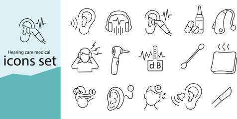 Fototapeta premium Hearing Care and Otology Medical Line Icons Set. Ear Health, Hearing Loss Diagnosis, and Audiology Medical&nbsp;. Ear Care and Hearing Examination