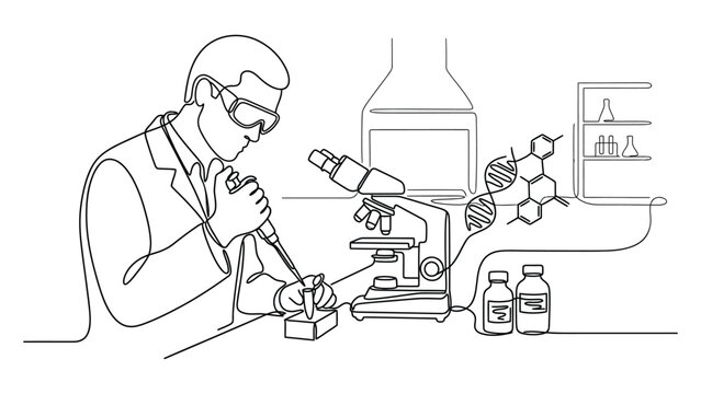 Continuous line drawing of a scientist performing research in a laboratory.