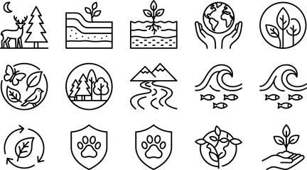 Fototapeta premium Ecology and Nature Conservation Line Icon Set with Environmental Protection Recycling Wildlife Protection Forestry Ecosystem and Sustainable Development Graphics for Green Business Branding