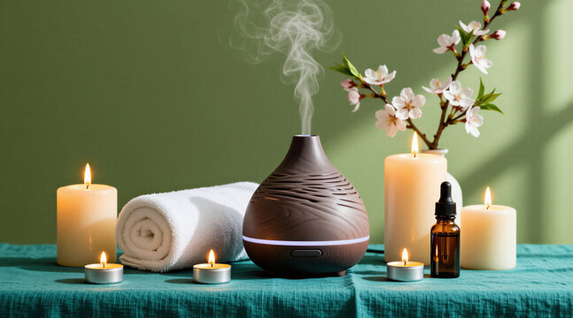 Electric aroma diffuser emits steam smoke on table near candles white towel, flowers. Wooden humidifier device works in room. Zen concept for health care, beauty spa salon. Calm atmosphere with