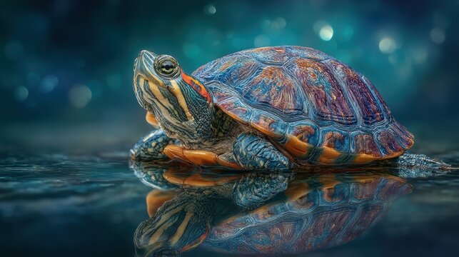 Close-up of colorful turtle resting on reflective wet surface with soft bokeh background and detailed shell pattern
