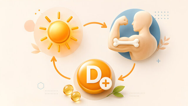 Sun icon pointing to muscular arm with bone and yellow vitamin D pill. Concept of dietary supplement nutrition, osteology health education, and pharmacy healthcare infographic.