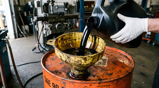 Mechanic pouring used engine oil into a recycling barrel in a garage