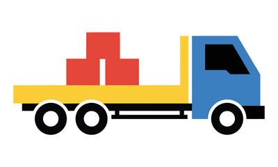 Naklejka premium Minimalist side view flatbed truck icon with bold geometric shapes and solid colors isolated on white, logistics and transportation concept