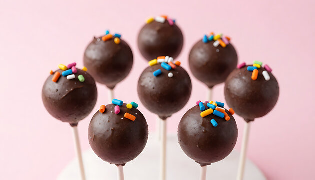 Chocolate cake pops decorated with colorful sprinkles stand on sticks against a pastel pink background, created with generative AI.