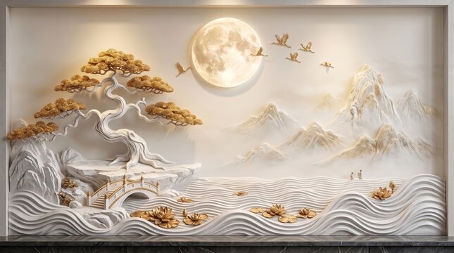 3D wallpaper shows white,  gold tree, gold waves, Design embossed creating relief effect. Abstract art decorates wall background. Modern design for home . 32k