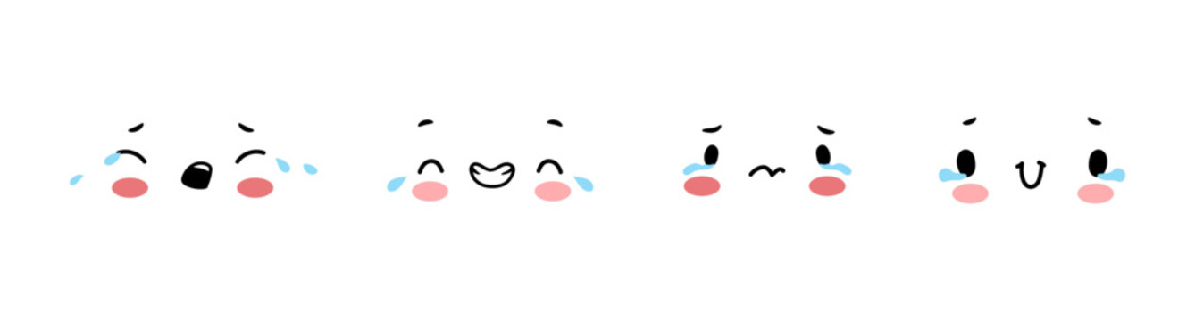 Tiny kawaii faces expressing different types of crying. Vector sad and happy characters with gentle tears and emotional sobbing. Icons for digital stickers and empathy charts, planners and UI packs