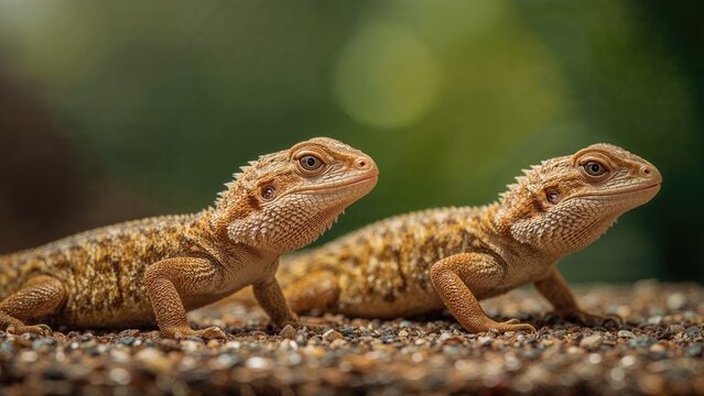 Two bearded dragons basking on the ground with green blurred background. Reptiles and nature, concept. Wildlife and animals. The concept of reptiles in their natural habitat
