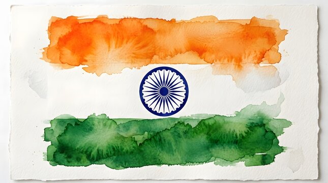Watercolor painting of India flag. Hand drawn Indian national flag on textured paper.