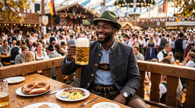 Cheerful African American man in traditional Bavarian attire raising a large stein of beer at a vibrant Oktoberfest festival table with pretzels and sausages