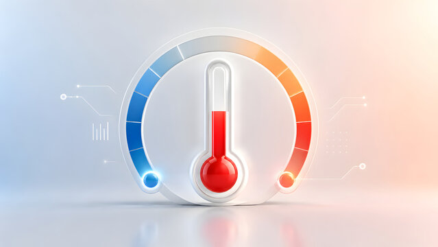White thermometer surrounded by circular dial indicating cold blue and hot red zones. Concept of HVAC climate control, smart home temperature automation, and industrial thermal monitoring.