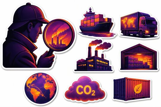 Climate pollution monitoring stickers with industry shipping and carbon emissions