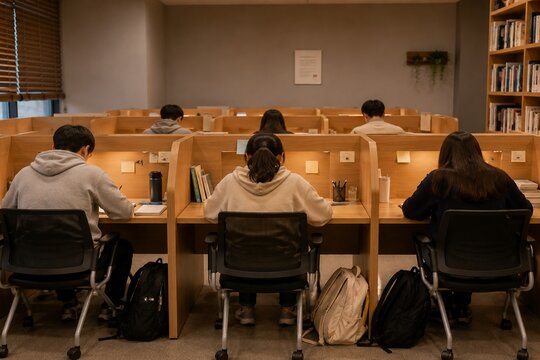 Students studying in quiet study room with individual desks and back view