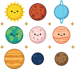 Cute Solar System Icon Set with Flat Cartoon Kawaii Sun Earth Jupiter Saturn Mars Uranus Neptune and Venus Planet Vectors © imran