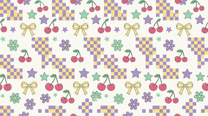 Obraz premium Kawaii Cherry Pattern, Girly Stars, Flowers, Bows, Retro Pixel Background