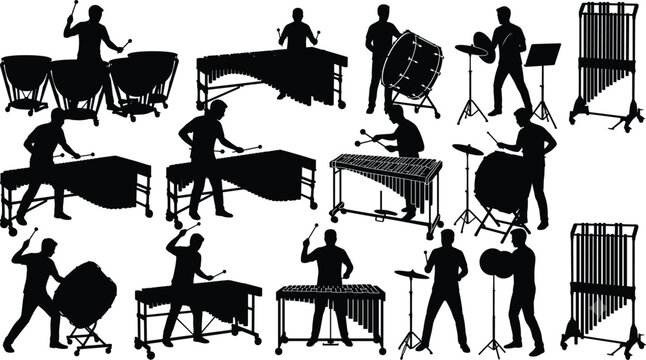 Collection of black silhouettes featuring musicians playing various orchestra and band percussion instruments