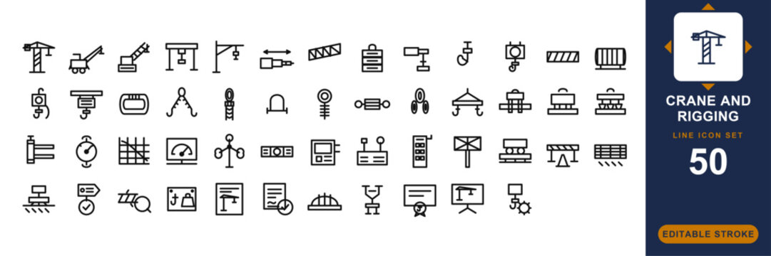 Crane and Rigging line icon set. shackle, eye bolt, jib crane, outrigger, wire rope minimal vector illustrations. Simple outline signs for rigging safety. 48x48 Pixel Perfect. Editable Stroke.
