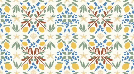 Fototapeta premium Seamless Lemon and Seashell Pattern, Mediterranean Style, Tropical Vibe