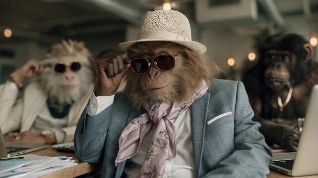 Stylish monkey boss in a fancy suit and hat sitting at an office desk with other ape colleagues, confidently adjusting sunglasses and looking at the camera during a creative business meeting
