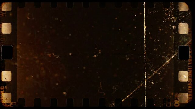 Vintage 35mm film strip frame with dust, scratches, and glowing golden light leaks background