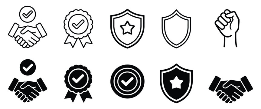 Handshake, shield and badge icon set, outline and solid styles for agreement protection and quality assurance, clean modern vector illustration, isolated on transparent background.