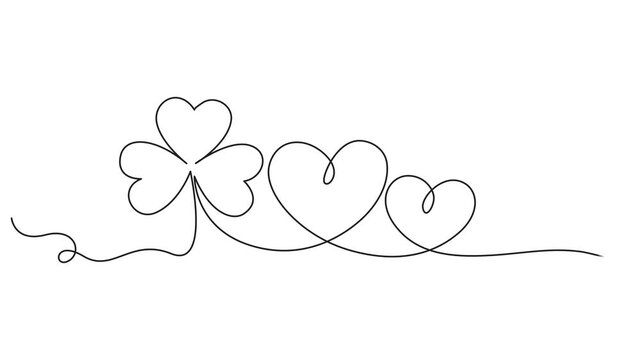 Three leaves clover continuous line drawing animated video. Saint Patrick's Day symbol animation. Four-leaf clover, one line drawing animation. Video clip with alpha channel.