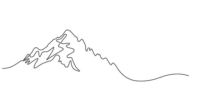 Self animated drawing of continuous one line mountain landscape. Mountains minimalistic single line drawing. 4k animation