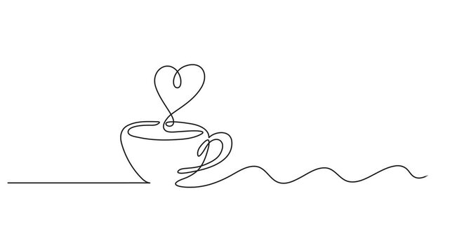 Self drawing line animation Coffee or tea cup with heart continuous one single line drawn concept video, Full length one line animation of cup of coffee with heart shape, Minimalist style single line.