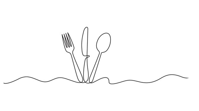 Video. Fork, knife and spoons. Continuous single line cutlery pattern for logos, business cards, banners. Animation on white background. 4K. Full length one line animation. 4K, Restaurant concept.