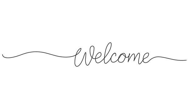 welcome animated continuous single one line art drawn animation phrase on white black background. hand drawing of word text welcome, welcome animated continuous single one line art drawn animation