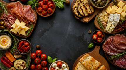 Fototapeta premium Gourmet charcuterie board and Italian antipasto platter, rustic Mediterranean appetizers on dark background, flat lay food frame with copy space