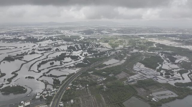 view of oyster farming rafts on the river in Long Son, near Ho Chi Minh City, Vietnam.