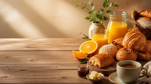 Rustic continental breakfast on wooden table, fresh croissants and orange juice in morning sunlight, French pastries with coffee and jam