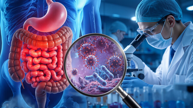 Human digestive system anatomy with gut microbiome, scientist researching intestinal bacteria under microscope, medical laboratory gastroenterology study