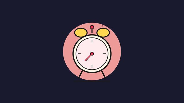 Footage of a minimalist cartoon alarm clock with yellow bells and red hands showing time on dark background