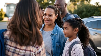 Obraz premium A group of adults and children standing together outdoors near a car during daylight hours