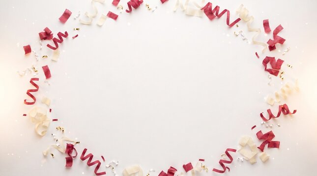 Festive red and white spiral ribbon confetti border creating a circular copy space on a plain white surface
