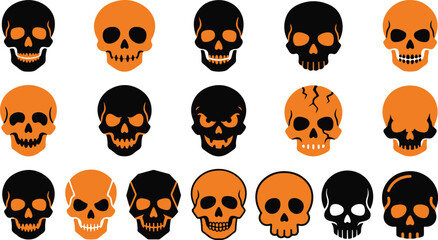 Obraz premium Set of various hand drawn skulls in black and orange colors for halloween design elements