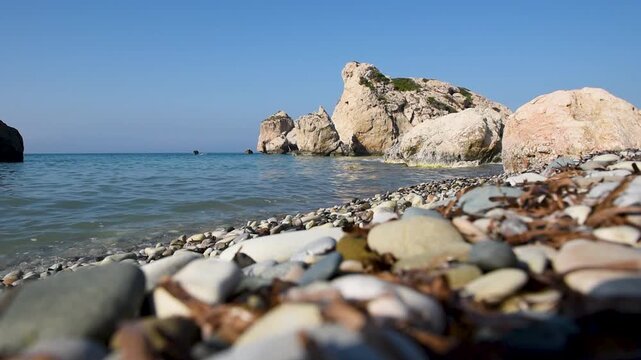   Sea waves washing Pissouri beach rocky shoreline in Cyprus