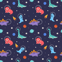 Seamless pattern with cute dinosaur astronauts in space helmets. Colorful dinos floating with planets, stars, and meteors on dark background. Kids vector illustration  © Инна Музыка