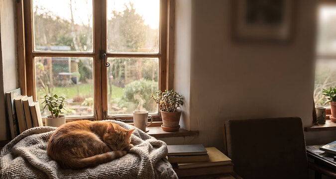 Ginger cat curled up asleep on a cozy blanket beside a sunlit cottage window