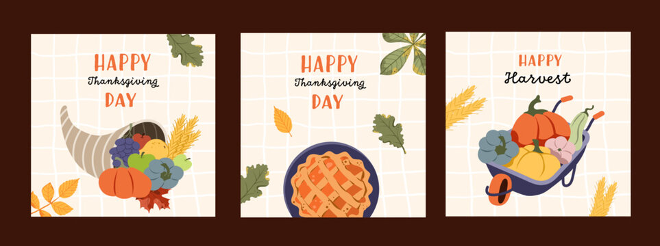 Thanksgiving Day greeting cards set. Square templates with cornucopia, pumpkin pie, and wheelbarrow full of vegetables on checkered backgrounds. Autumn harvest vector illustrations