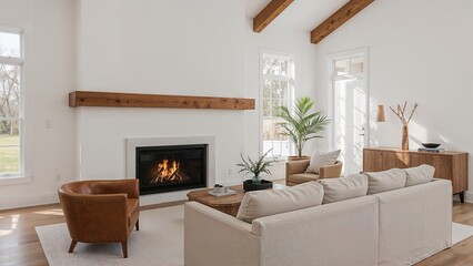 Fototapeta premium A cozy living room with a fireplace, sofa, armchair, and large windows, featuring wooden beams and modern decor.