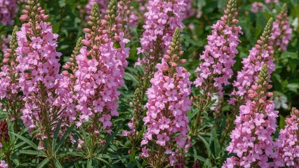 Obraz premium Pink flowering plant with tall spikes and lush green leaves.