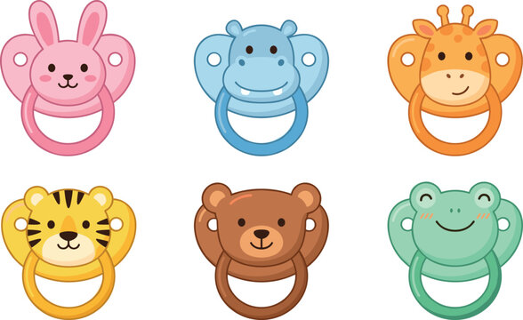 Cute Baby Pacifier Vector Set with Cartoon Animal Faces Featuring Bunny Hippo Giraffe Tiger Bear and Frog for Nursery Soother Graphic Designs