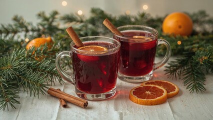 Obraz premium Two glasses of mulled wine with cinnamon sticks, orange slices, and holiday decorations.